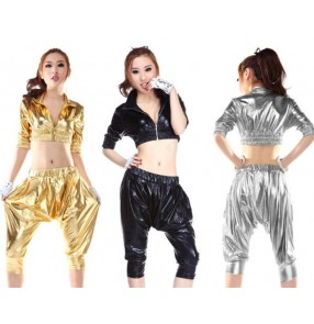 Silver gold black pu leather split set performance jazz dance hip hop modern dance costumes sets 